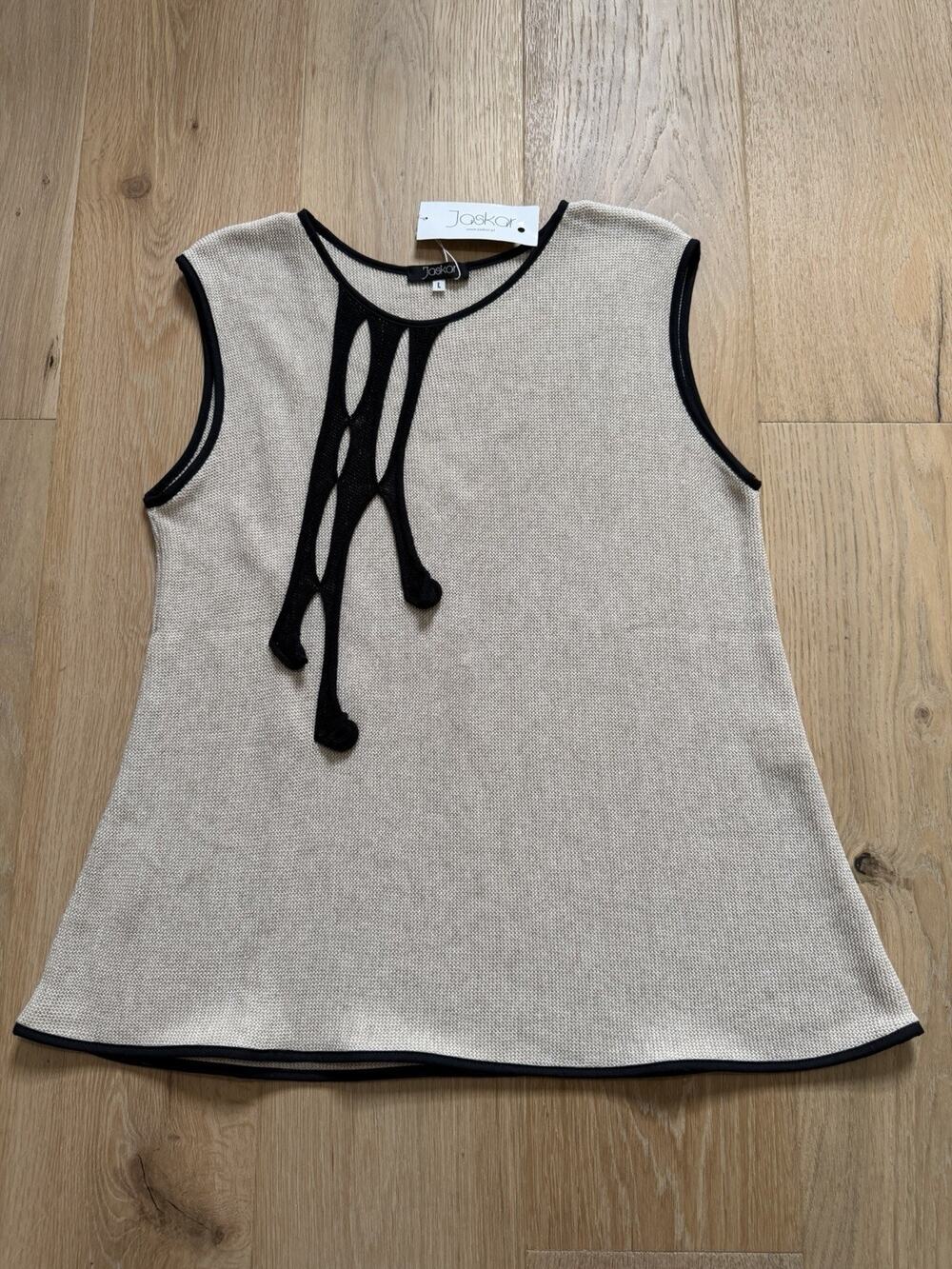 NWT JASKAR Luxury Knit Top L Beige Black Asymmetrical Crew Neck Class Sleeveless